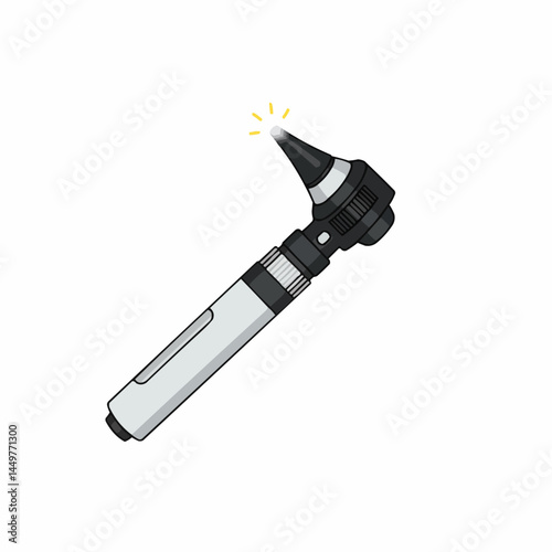Cartoon otoscope with light shining from end against a white background