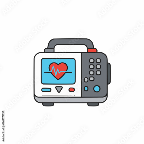 Cartoon defibrillator device with screen showing a heart rhythm and buttons on the side
