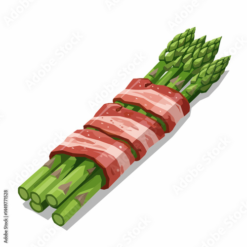 Vector of green asparagus spears wrapped in red bacon against a white background