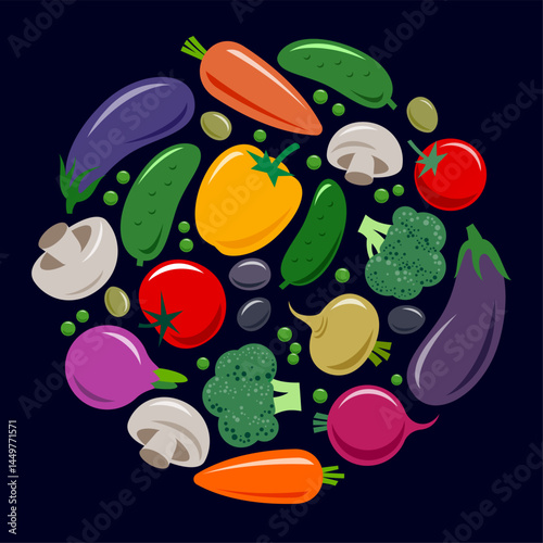 Vegetables in circle. Vector illustration. Organic products and fresh food icon. Vegetarian organic products. 