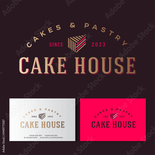 Cake house gold logo. Cakes and pastry emblem. Bakery and cafe logo. A piece of cake and letters. Business card.