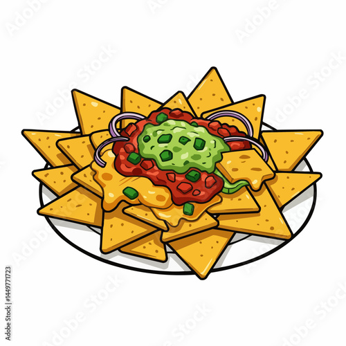 Cartoon nachos with salsa, guacamole, and red onion, arranged on a white background