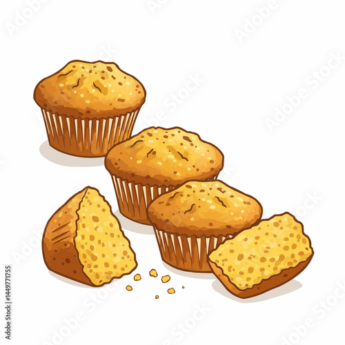 Two muffins, baked golden-brown, with paper liners, sit on a white surface