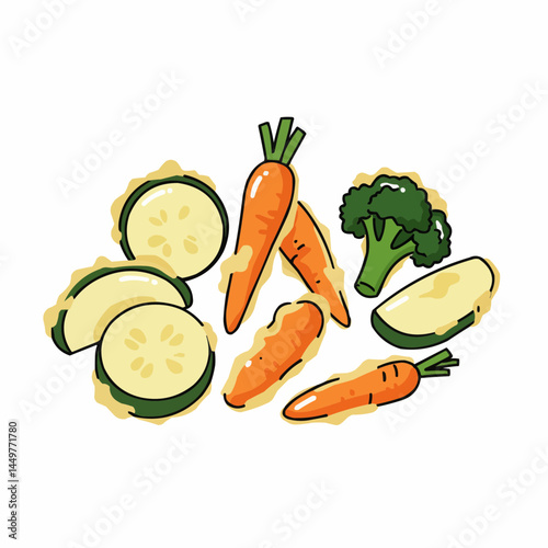 Fresh veggies including carrots, zucchini, and broccoli at the bottom edge of the picture
