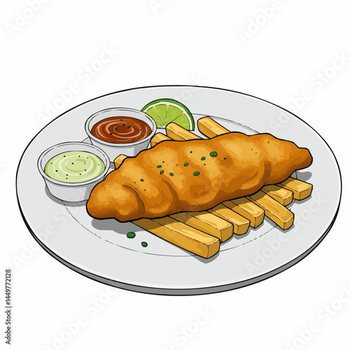 Cartoon food fried fish, fries, dips, and lime wedge on a white plate