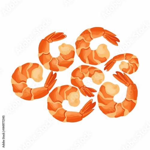 Shrimp illustration in corner. Bright orange with textured segments on white