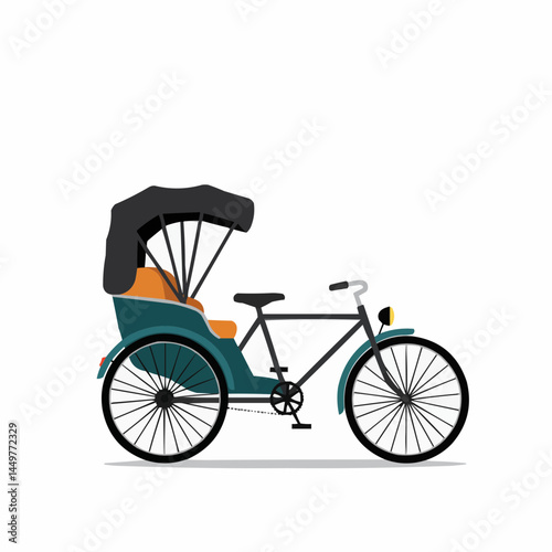 A low-angle view of black rickshaw hood, orange seat, with white spokes and backdrop