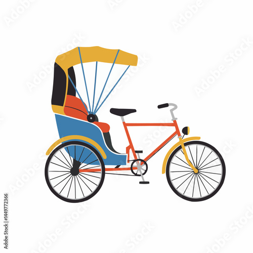 Stylized illustration of a colorful, flat-design cycle rickshaw with a yellow canopy