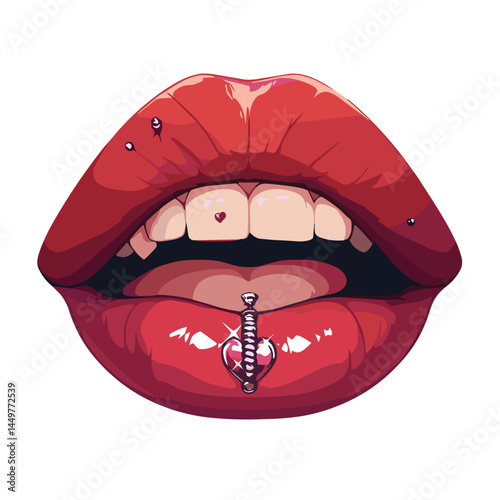 Lips with piercings and heart barbell in punk art
