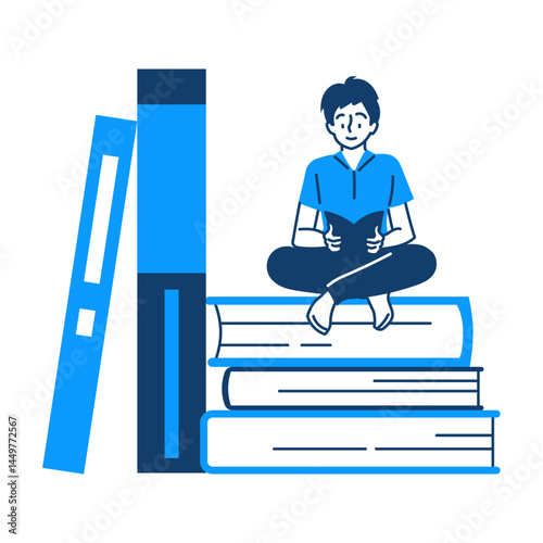 Learning and Education Illustration, Person Reading on a Stack of Books