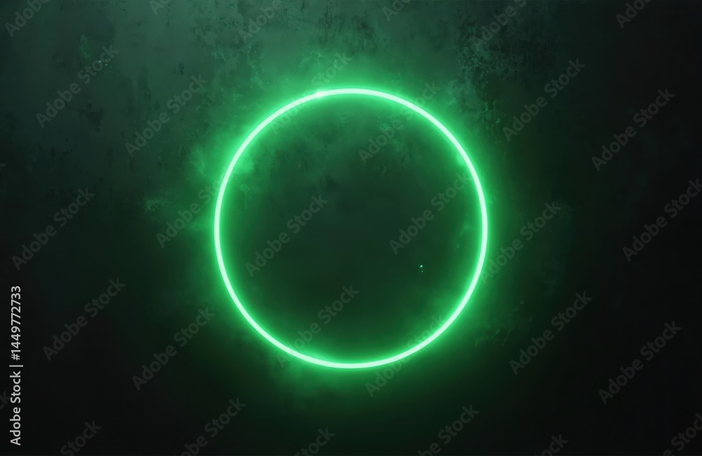 Glowing green neon light ring on black grainy gradient noise texture background. Modern abstract design. Futuristic concept. Circle shape element, symbol, border. Perfect for tech, business, science,