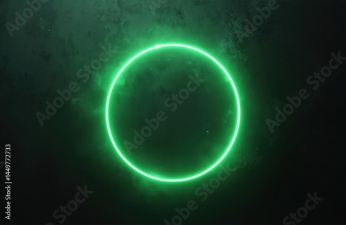 Obraz na płótnie Glowing green neon light ring on black grainy gradient noise texture background. Modern abstract design. Futuristic concept. Circle shape element, symbol, border. Perfect for tech, business, science, w salonie