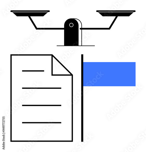 Scales of justice above a written document and a blue marker symbolizing fairness, ethics, and rules. Ideal for law, fairness, decision-making, ethics, equality regulations legal services. Flat