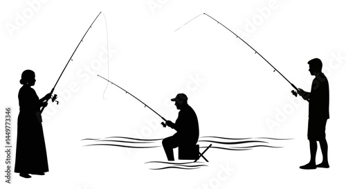 Silhouette of Three Anglers Enjoying a Peaceful Fishing Trip