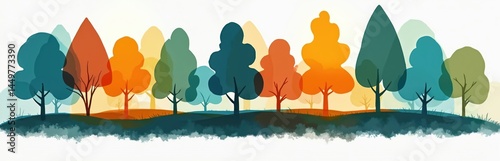 Colorful abstract tree silhouettes in vibrant color palette. Geometric landscape art illustration, minimalist design. Decorative home decor print, digital graphic, aesthetic background.