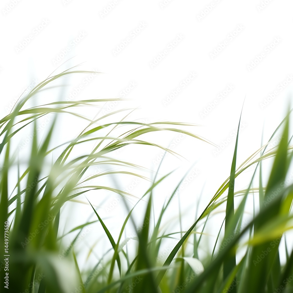 Naklejka premium Minimal Grass Blades Waving in Wind on White Horizon Background