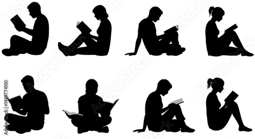 Silhouette Collection People Reading Books, Sitting Poses