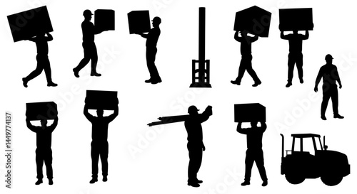 Silhouette Collection Workers Carrying Boxes, Moving, Logistics