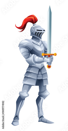 Medieval knight in shining armor holding sword and shield in a confident stance. Vector cartoon character illustration