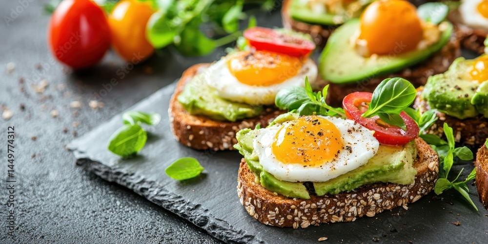open sandwich with avocado, egg, tomato and other vegetables on toast 