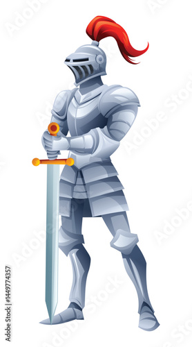 Medieval knight in full armor holding a sword, ready for battle. Vector cartoon character illustration