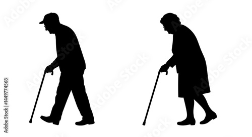 Silhouette of Elderly Couple Walking with Canes Strength and Resilience in Old Age