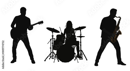 Silhouette of Jazz Band Guitarist, Drummer, Saxophonist