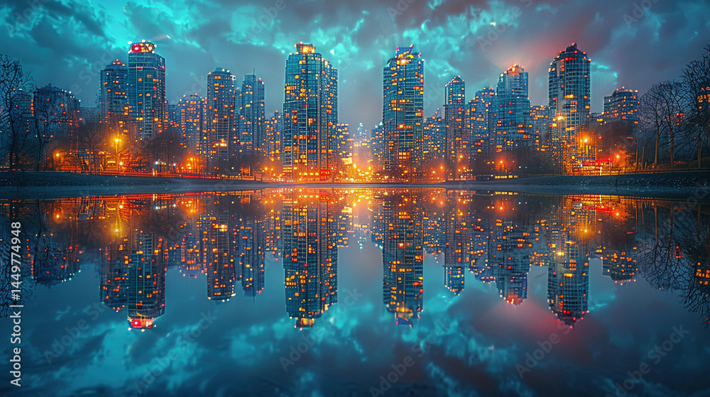 Fototapeta premium Mesmerizing City Lights Reflected on Serene Lake