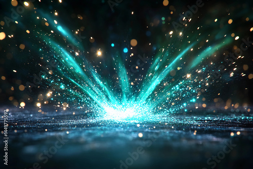 A magical explosion of ethereal green fairy dust bursting into the air like fireworks, radiating in vibrant arcs of light across a darkened sky, creating a mystical and captivating spectacle