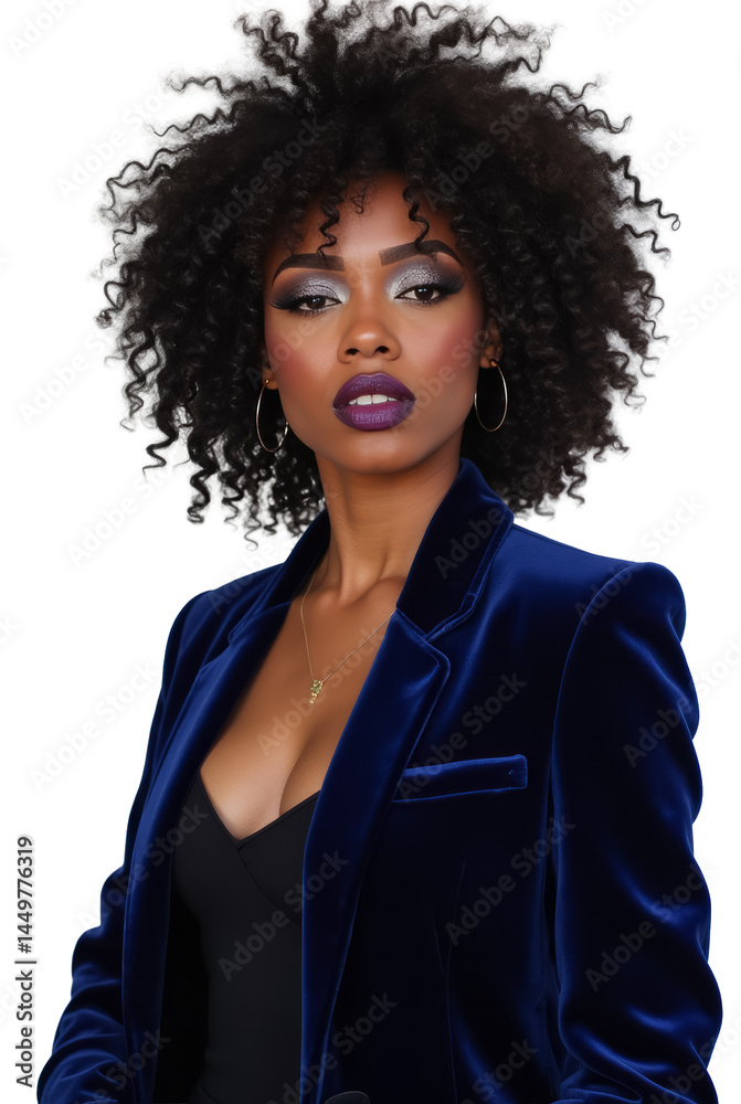 Mixed-Race Model with Bold Makeup Featuring Rich Purple Lipstick and Glittery Silver Eyeshadow Mixed-Race Model with Bold Makeup Featuring Rich Purple Lipstick and Glittery Silver Eyeshadow