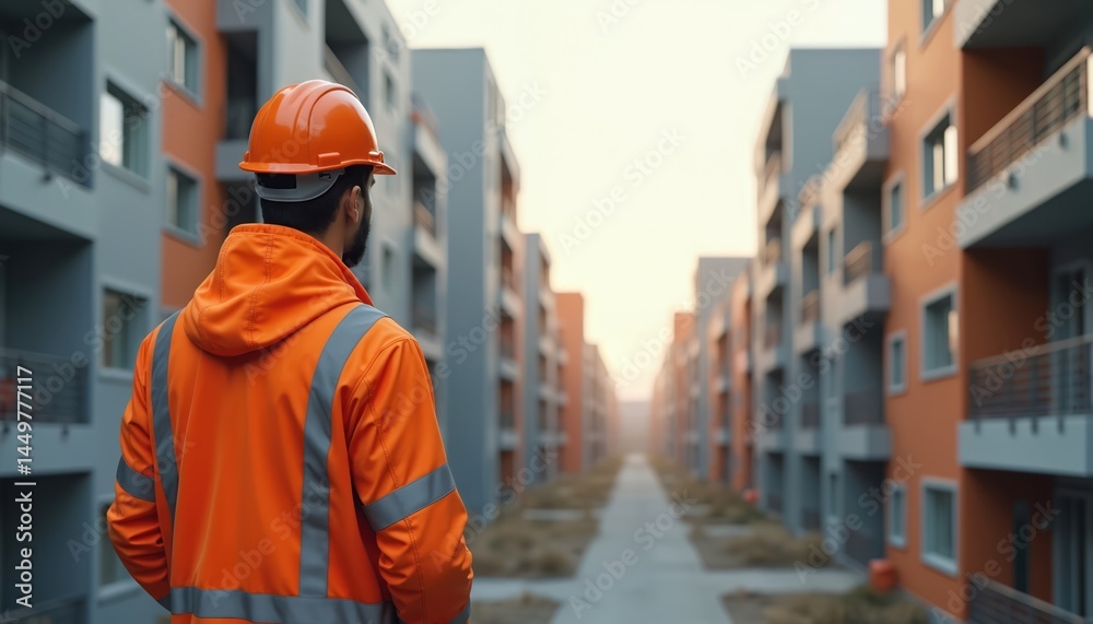 Construction worker surveys new apartment complex. Modern building project inspection in residential area. Construction site, property, real estate concept. Urban development.