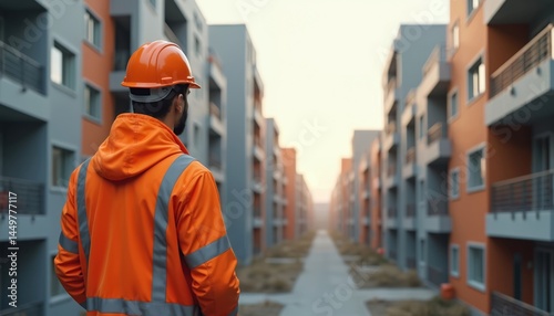 Obraz na płótnie Construction worker surveys new apartment complex. Modern building project inspection in residential area. Construction site, property, real estate concept. Urban development. w salonie