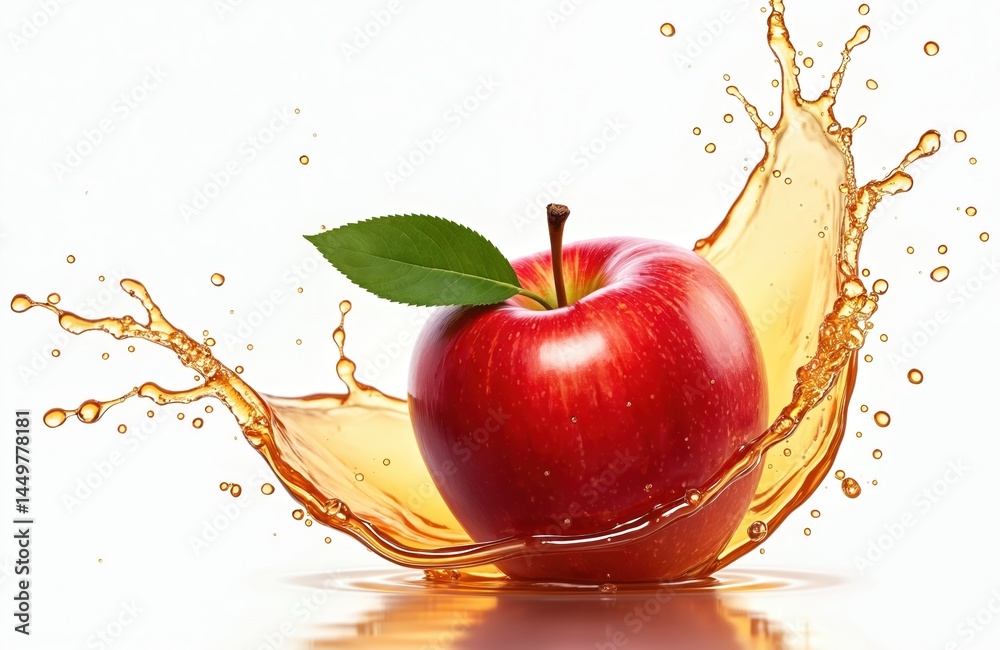 Fresh red apple with green leaf and juice splash. Isolated on white background. Healthy eating, organic fruit, fresh juice, healthy diet, nutrition. Vitamin source for breakfast.