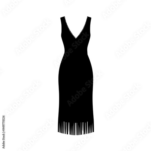 Minimalist black silhouette of a flapper dress with fringe symbolizing 1920s fashion