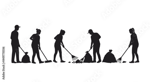 Community Cleanup Crew Silhouette Illustration of Volunteers Sweeping and Cleaning