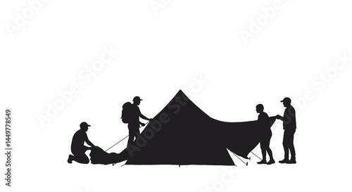 Silhouette of Hikers Setting Up Camp Adventure Camping Illustration