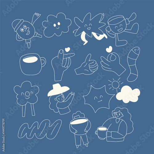 Set of coffe groovy 70's doodles element stock. popular handrawing coffee element design illustration