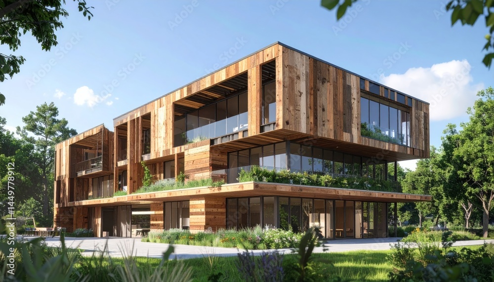 Fototapeta premium Modern Multi Story House with Landscaping and Glass Facades