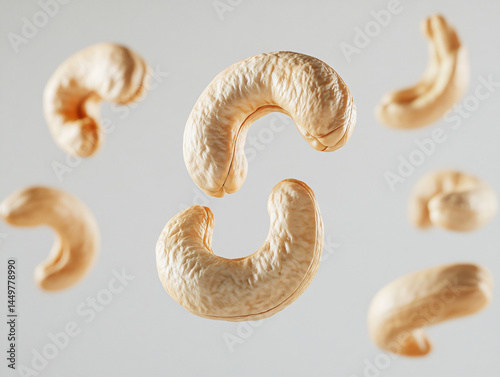 Floating cashew nuts in mid-air, highlighting their unique shape and texture, inviting the viewer to appreciate the natural simplicity of these wholesome nuts