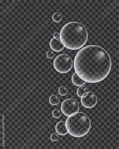 Set of colorful soap bubbles for design creation. Isolated, transparent, realistic soap bubbles on transparent background.