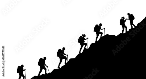 Silhouette of Hikers Ascending a Mountain Teamwork and Adventure