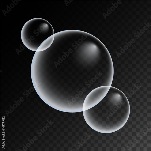 Set of colorful soap bubbles for design creation. Isolated, transparent, realistic soap bubbles on transparent background.
