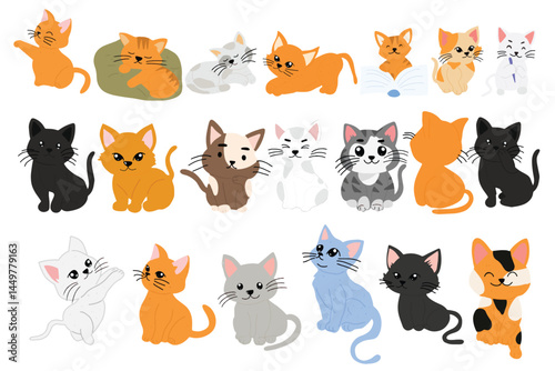 Cute different home cat set. Vector flat pets poses collection. Cartoon cat breeds bundle