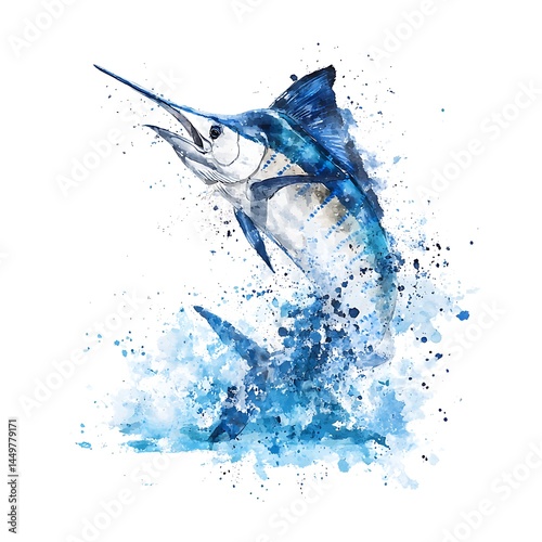 Wallpaper Mural Blue Marlin Leaping from Ocean Waves A Stunning Watercolor Painting. Torontodigital.ca