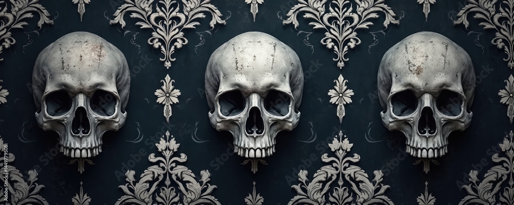 Dark gothic illustration featuring skulls, floral patterns on dark background. Ornamental design, wallpaper for Halloween. Vintage art with skulls. Trendy monochrome, decorative, aesthetic art.