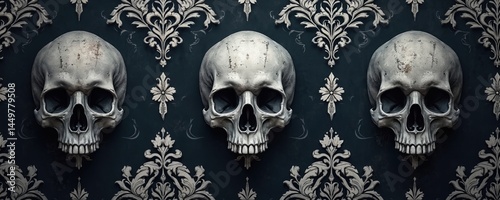 Dark gothic illustration featuring skulls, floral patterns on dark background. Ornamental design, wallpaper for Halloween. Vintage art with skulls. Trendy monochrome, decorative, aesthetic art.