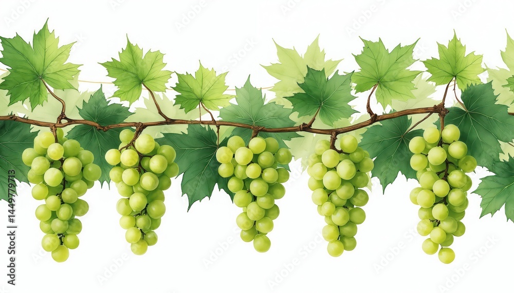 Watercolor painting illustration of lush green grape bunches on the vine. Fresh ripe grapes, tree branches leaves. Ideal for wine, food, agriculture or eco-friendly design projects.