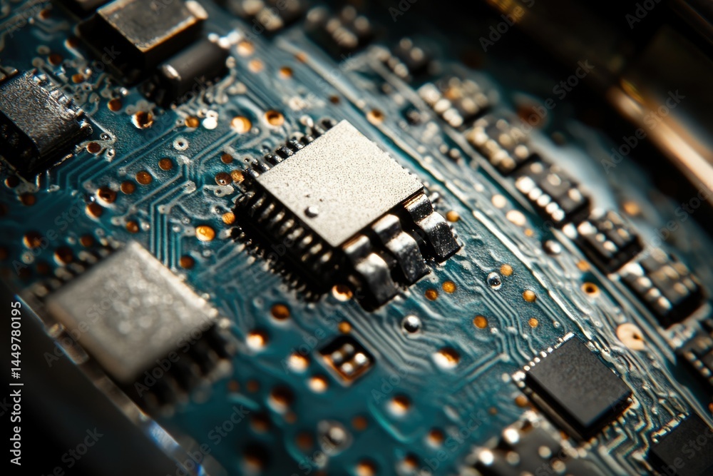 Close-up of a circuit board showcasing intricate microchips and electronic components. Close-up of a circuit board showcasing intricate microchips and electronic components.