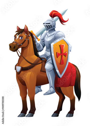 Knight holding sword and shield on a horse, prepared for battle. Vector cartoon illustration