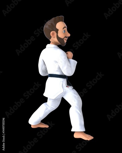 Fun 3D cartoon karateka doing a shudan soto uke